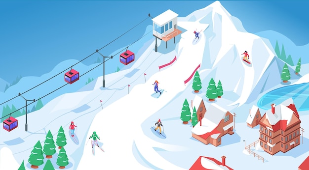 Station De Ski Isométrique D'activité De Sports D'hiver Dans Les Alpes De Montagne Avec Des Snowboarders Et Des Skieurs En Descente Personnes Utilisant Un Funiculaire Pour Glisser Du Sommet Enneigé De L'illustration Vectorielle 3d De Hill Rock