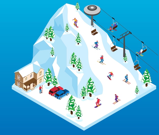 Vecteur station de ski isométrique avec des sportifs sur l'illustration vectorielle de la colline enneigée
