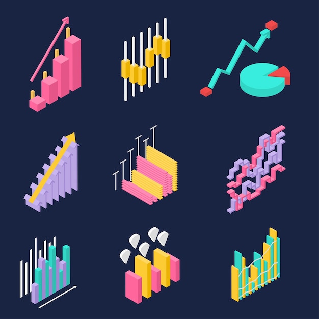 Statistiques d'entreprise, d'entreprise, de site Web. Ensemble d'icônes en vue isométrique. Graphiques colorés sur fond sombre. Progrès et croissance des revenus et succès. Illustration vectorielle.