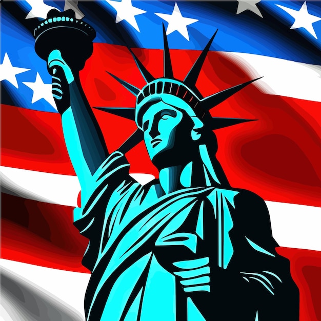 Vecteur statue de la liberté avec le drapeau américain en arrière-plan