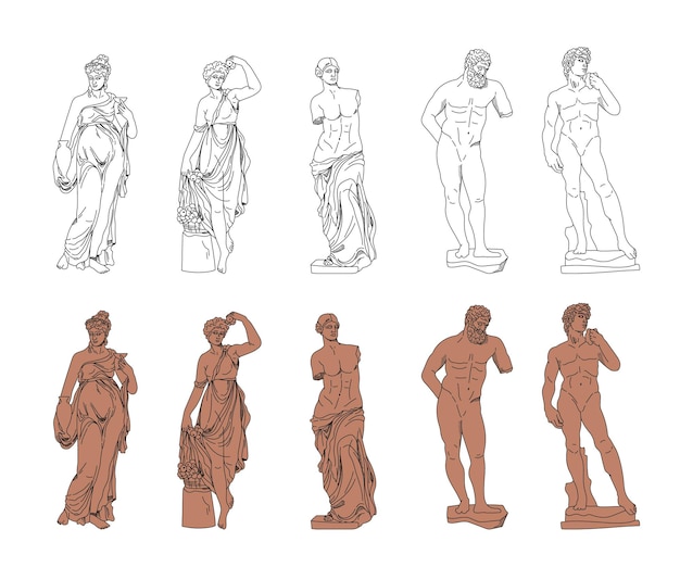 Statues grecques antiques de dieu et de déesse vectorielles sculptures anciennes