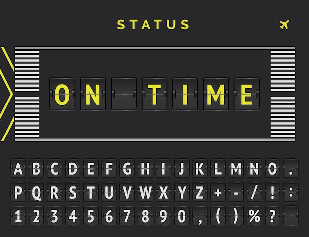Vecteur statut de départ de vol dans le style de balisage de piste d'aéroport. la police vector flip annonce que le vol arrive à temps