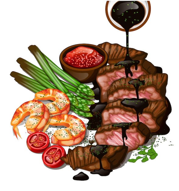 Vecteur steak de boeuf grillé crevettes et asperges sur fond blanc vue de dessus