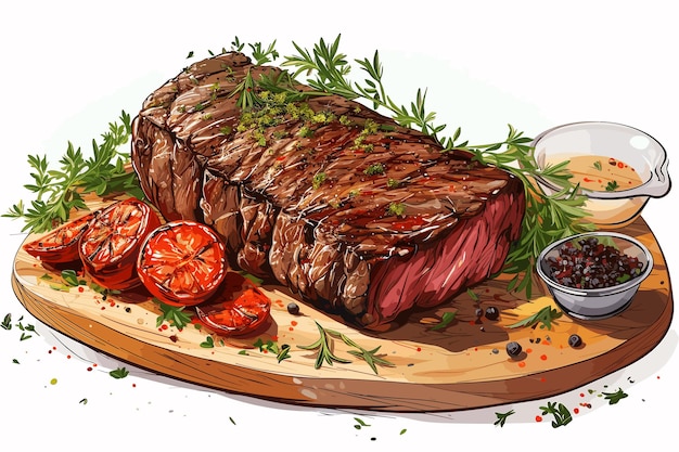 Un Steak De Bœuf Grillé Sur Une Planche De Bois Avec Des Tomates Et Du Romarin Isolés Sur Un Fond Blanc