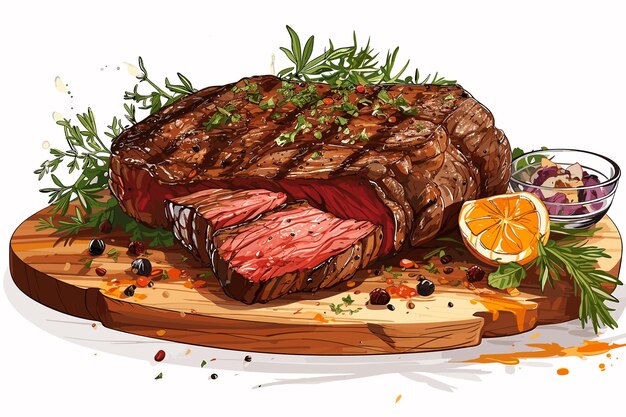 Vecteur un steak de bœuf grillé sur une planche de bois avec des tomates et du romarin isolés sur un fond blanc