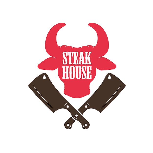 Steak House. Silhouette De Tête De Taureau Et Couperets à Viande Croisés.