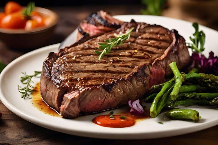 Vecteur un steak avec un légume vert et un bol de légumes