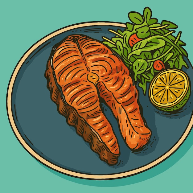Steak de poisson grillé sur assiette avec salade et tranche de citron