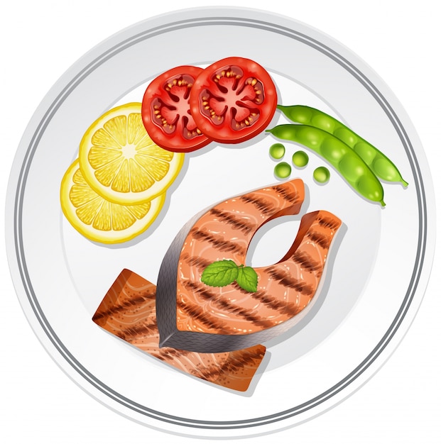 Vecteur steak de saumon et légumes sur la plaque