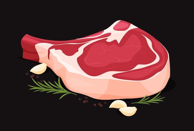 Vecteur steak savoureux juteux sur fond noir viande fraîche préparation de plat de viande illustration vectorielle