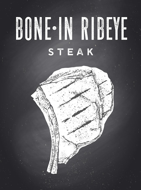 Steak, Tableau. Affiche Avec Silhouette De Steak, Texte Bone-in Ribeye, Steak. Modèle D'affiche De Typographie Pour Le Commerce De La Viande - Boutique, Marché, Restaurant, Menu. Fond De Tableau. Illustration Vectorielle