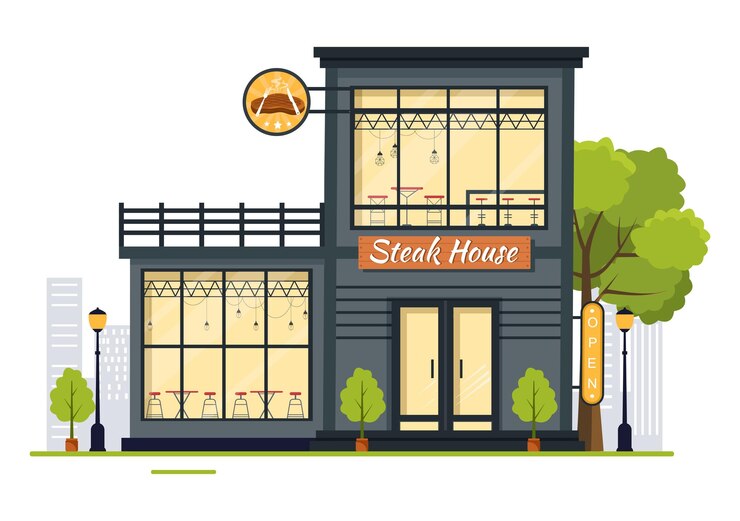 Vecteur steakhouse illustration de viande grillée avec une délicieuse salade de steak juteuse et des tomates pour barbecue