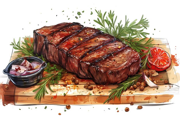 Steaks De Bœuf Grillés Aux épices Et Tomates Fraîches Illustration Dessinée à La Main à L'aquarelle