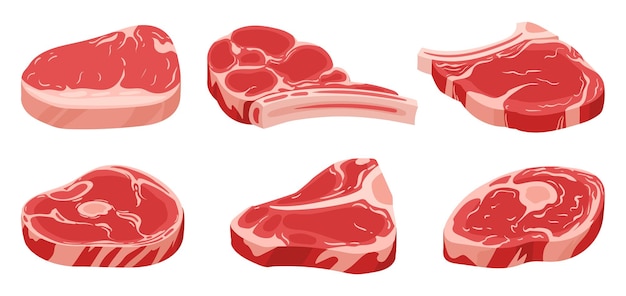 Steaks De Viande Crue De Dessin Animé Steaks De Porc Ou De Boeuf Rouge  Filet Cru Frais Illustration Vectorielle Plane Sur Fond Blanc