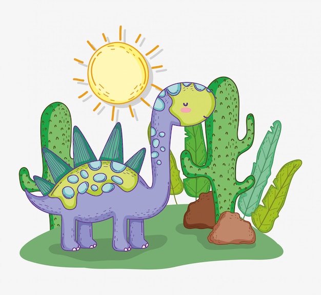 Stegosaurus Animal Mignon Avec Cactus Et Soleil