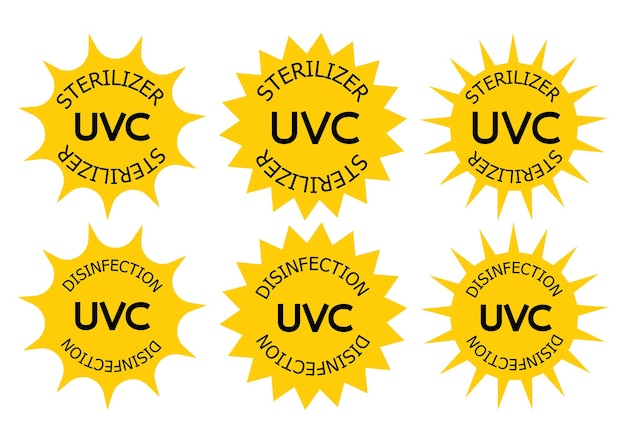 Vecteur stérilisateur uv-c et tampon de désinfection. panneau d'information sur le dispositif d'assainissement. rayonnement uv, icônes ultraviolettes solaires. assainissement par lumière uvc antimicrobienne. insignes de nettoyage de surface. illustration vectorielle