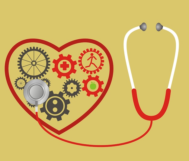 Vecteur le stéthoscope et le cœur se composent d'un symbole de soins d'impulsion d'engrenages élément pour la conception de médicaments illustration vectorielle