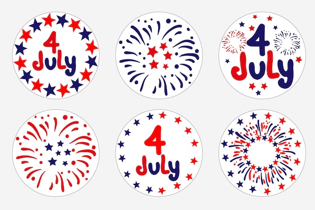 Sticker Du 4 Juillet Pour Célébrer La Fête De L'indépendance Américaine Vector De Feux D'artifice Et D'illustration D'étoiles Dessinés à La Main En Bleu Et Rouge
