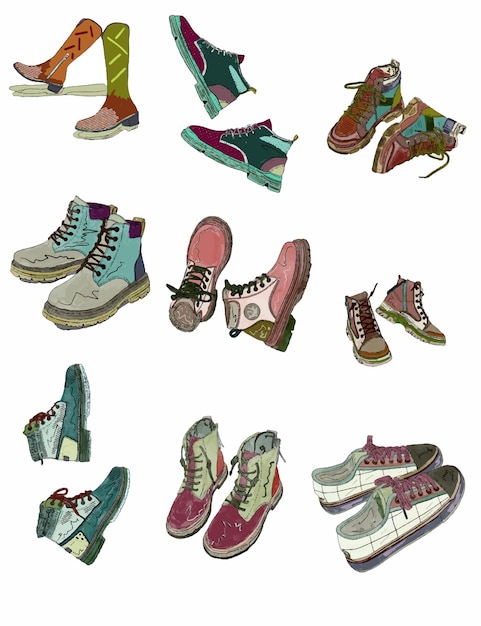 Vecteur stickers_icones_fashion_sneakers_pattern_clothes_boutique_sport_travel_shoes_digital_items_pastel