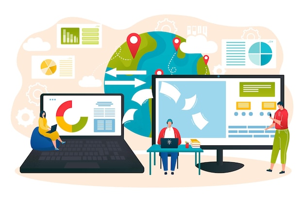 Stockage Internet, Technologie De Réseau D'entreprise, Illustration Vectorielle. Communication De Caractère Minuscule Homme Femme Au Nuage, écran D'ordinateur Près De La Planète. Système De Connexion En Ligne Pour Le Service De Travail.