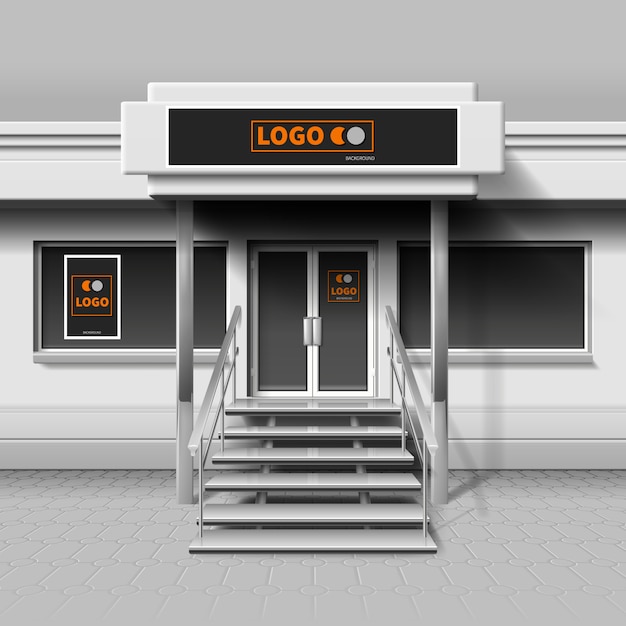 Stocker la façade extérieure pour la bannière de marque et de publicité. Bâtiment de devanture pour les affaires, un café ou une façade extérieure de magasin.