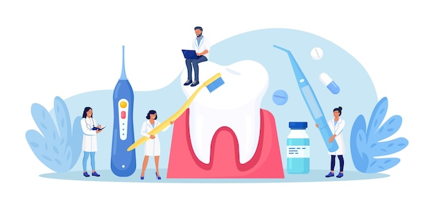 Vecteur stomatologie sur rendez-vous chez le dentiste examen dentaire procédures de soins des dents blanchiment des dents et nettoyage professionnel dentisterie esthétique dentiste médecin en uniforme traitant les dents à l'aide d'un équipement médical