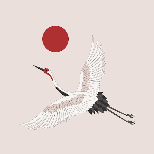Vecteur stork de grue blanche sur un fond avec la lune vecteur de carte postale de style rétro