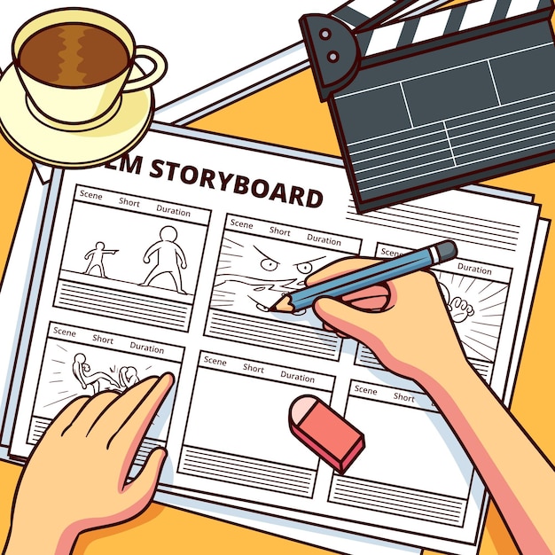 Storyboard Avec Accessoires De Cinéma Et Café