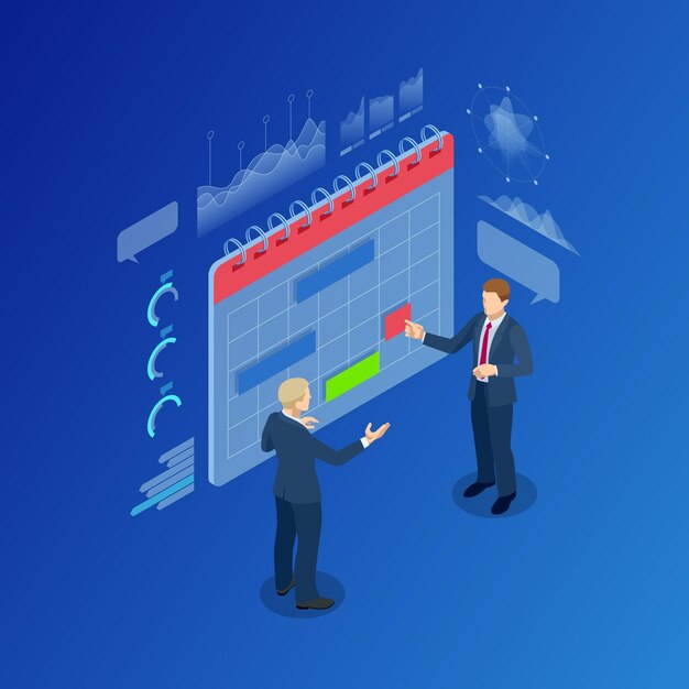 Vecteur stratégie d'entreprise de planification des personnes modernes isométriques. rappel de la gestion de l'organisation du planificateur de calendrier. concept de diagramme de travail de plan d'affaires