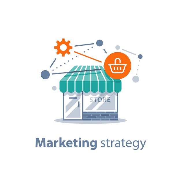 Vecteur stratégie marketing, technologie d'achat en ligne, développement de la vente au détail, vitrine