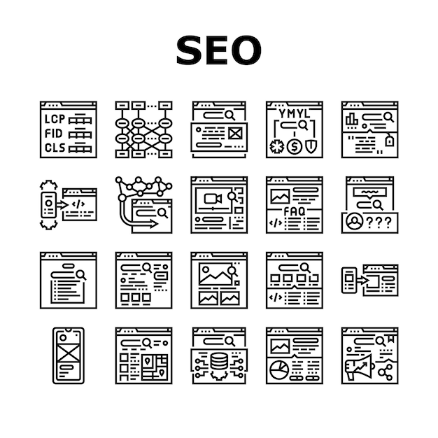 stratégie d'optimisation numérique SEO icônes vecteur d'ensemble