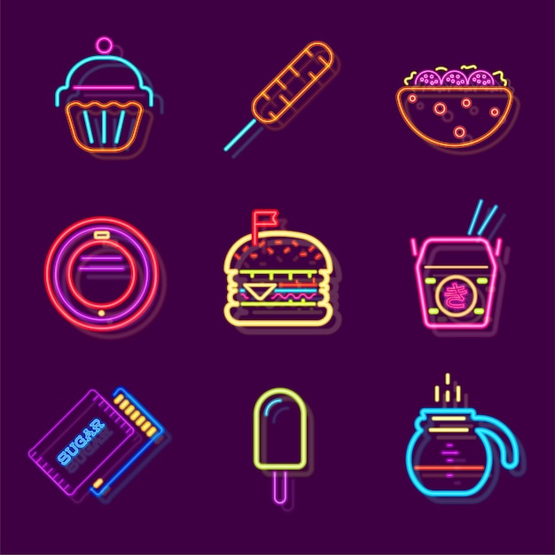 Streetfood Fast Food Drink Neon Sign Fastfood Restaurant Burger Cafe ou Pizzeria Design Glowing light signboard Vector