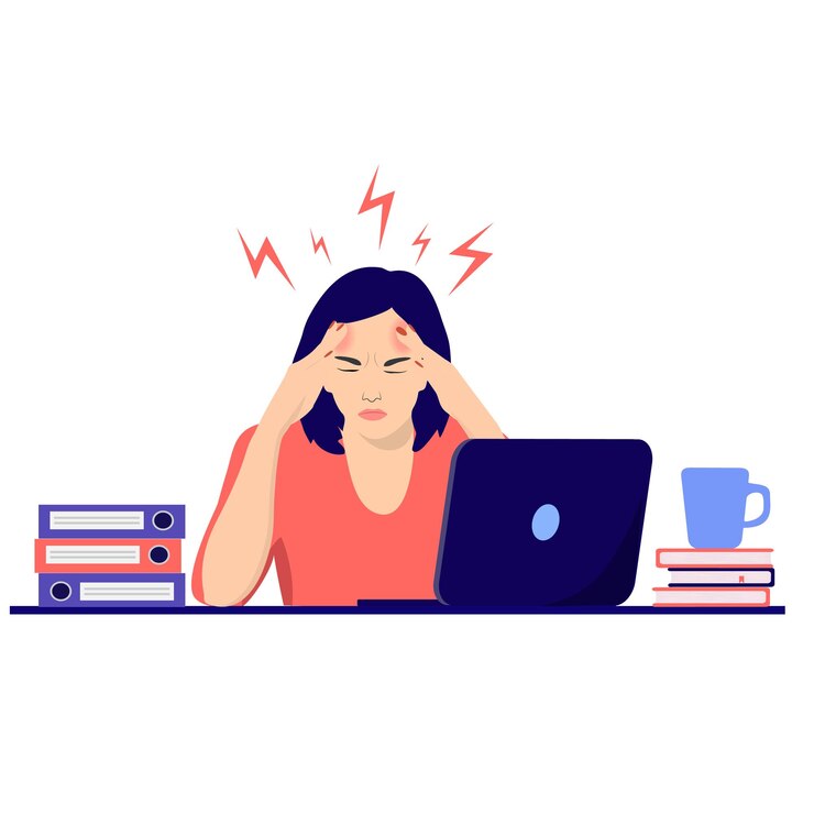 Vecteur stress au travail femme d'affaires est assise au bureau dans le bureau portant une illustration vectorielle