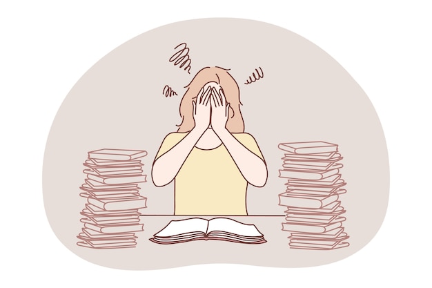 Stress, Surmenage, Surcharge, Concept D'épuisement Professionnel. Personnage De Dessin Animé De Jeune Femme Frustrée Malheureuse Assis Avec Un Tas De Livres Ou De Documents De Travail, Couvrant Le Visage Avec Les Mains Et Se Sentant Fatigué Par Le Stress