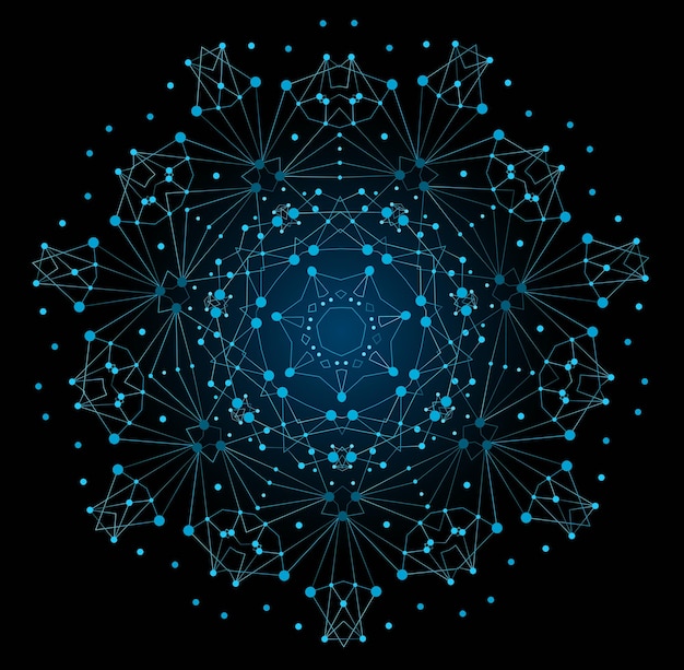 Structure moléculaire de forme lumineuse colorée de vecteur avec fond de lignes et de points