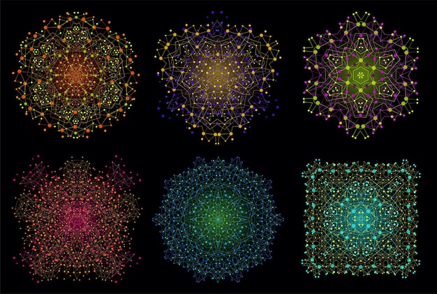 Structure moléculaire de forme de treillis lumineux coloré de vecteur avec ensemble de fond de lignes et de points