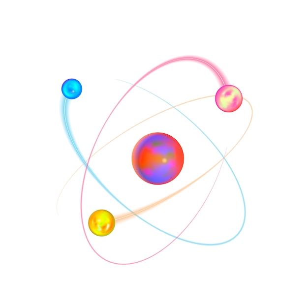 Structure Physique De L'atome Coloré Avec Des Orbites D'électrons Lumineux Sur Blanc