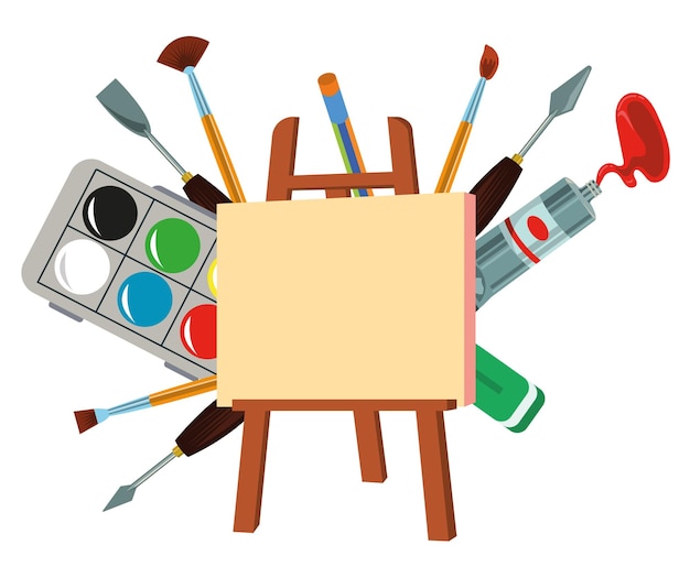 Vecteur studio d'art outils et fournitures d'art dessinés à la main ensemble palette pinceau pensil peinture à l'huile aquarelle