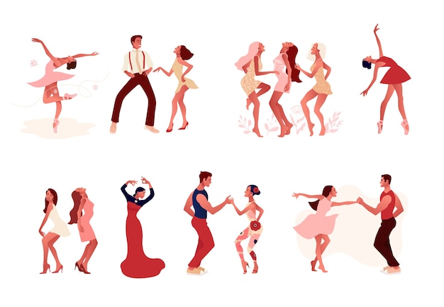 Studio De Danse. Ensemble De Joyeux Mem Positif Actif Et Femmes Dansant. Ballerine En Tutu, Chaussons De Pointe, Couple Dansant La Salsa, Danseuse De Flamenco.