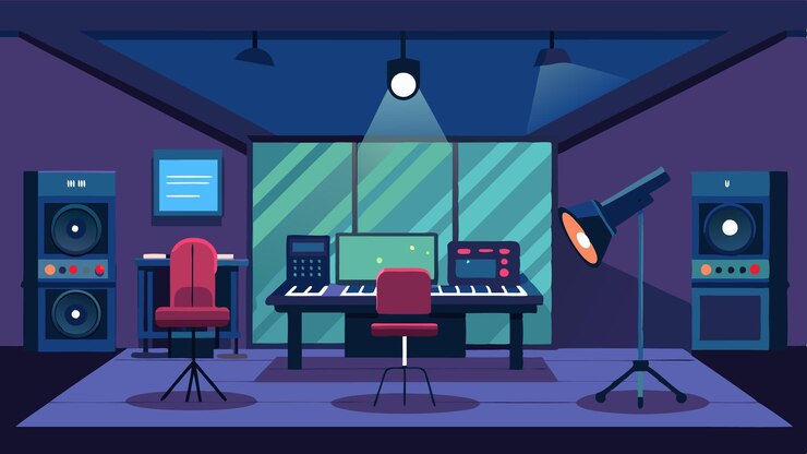 Vecteur un studio d'enregistrement avec des murs insonorisés et un équipement professionnel pour la création de projets multimédias numériques