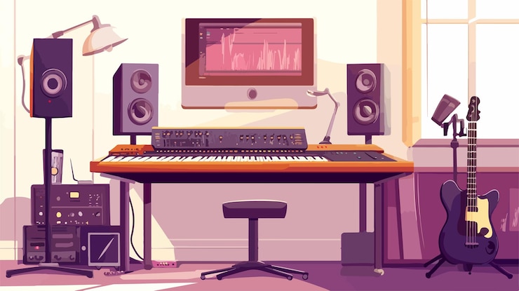 Vecteur studio d'enregistrement de musique de dessins animés créatif avec équipement d'enregistrage sonore plat