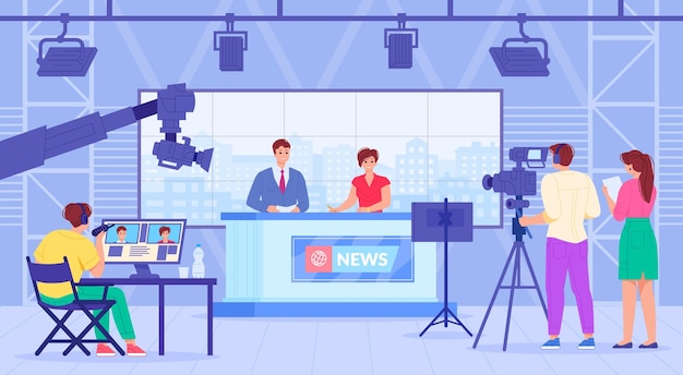 Vecteur studio de journalistes de diffusion présentateur de télévision présentateur de médias traduction vidéo breaking news show présentateur lecteur de nouvelles caméraman scène de télévision dans les coulisses illustration vectorielle chic