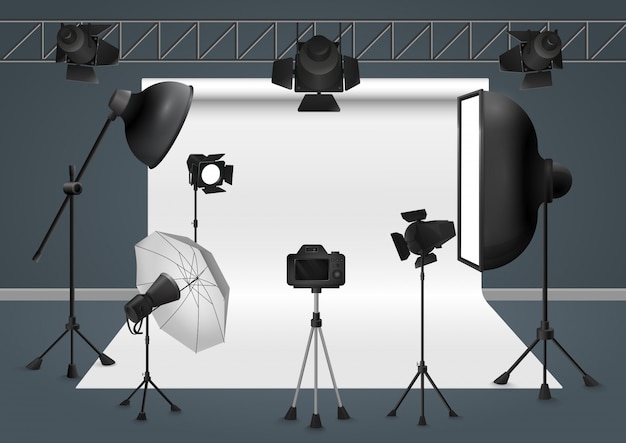 Studio photo avec appareil photo, matériel d'éclairage, projecteur, illustration de la boîte à lumière.