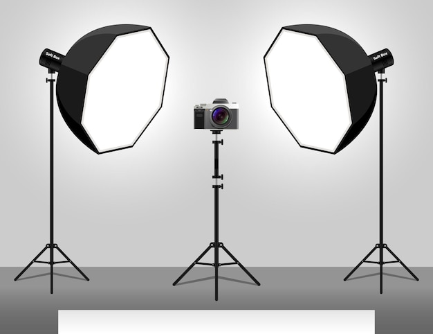Un studio photo noir et blanc sur fond blanc.