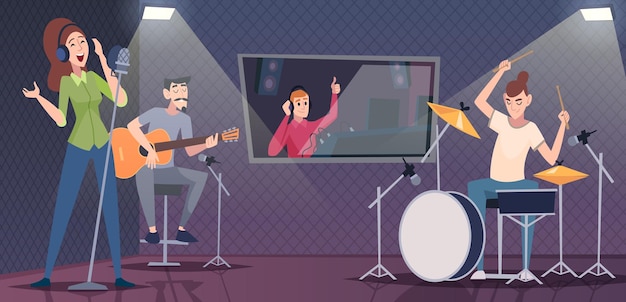 Studio de son intérieur lieu de travail pour les concepteurs de son et les chanteurs studio d'enregistrement arrière-plan de dessin animé vectoriel exact