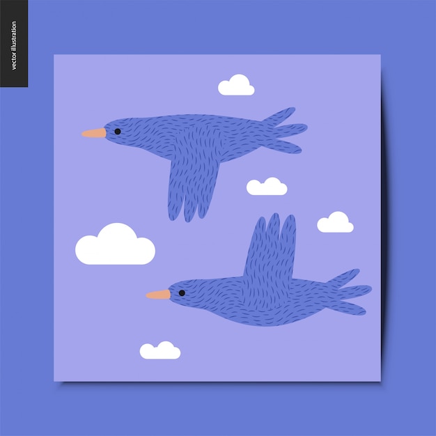 Stwo Volant Des Oiseaux Bleus Dans Le Ciel Bleu Avec Des Nuages Carte Postale