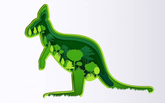 Style Art Papier De Kangourou Avec De Nombreuses Plantes, L'origami Sauve La Planète Et L'énergie.