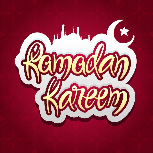 Style D'autocollant Golden Ramadan Kareem Font Avec Crescent Moon Star Et Silhouette Mosquée Sur Fond De Design Floral Rouge