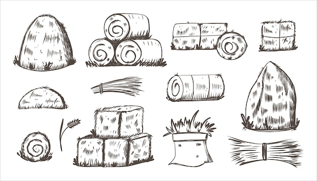 Vecteur style de croquis de balles de foin pieux dessinés à la main tas et piles de paille en rouleaux et carrés fourrage de ferme d'herbe sèche éléments de village et de campagne illustration isolée de vecteur de botte de foin