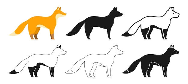 Vecteur style de dessin animé d'animal sauvage de renard défini mammifère forestier drôle mignon renards roux ligne symbole simple moderne